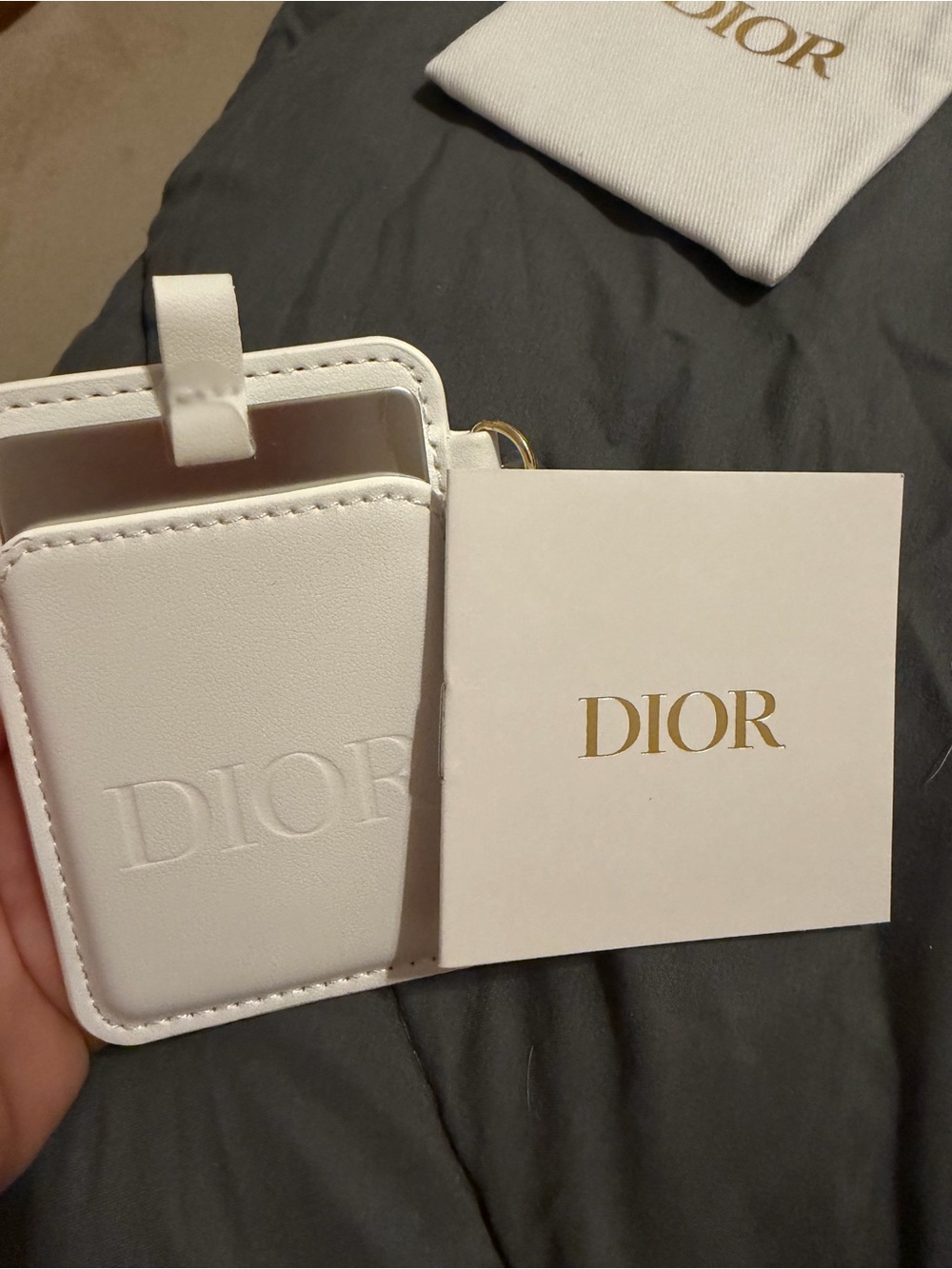 DIOR White Leather Mirror with Pouch for back of Cell Phone. Brand new.